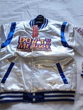 Nostalgia CO. Don’t Be A Menace White Satin Varsity Jacket SZ YOUTH KIDS XLARGE
